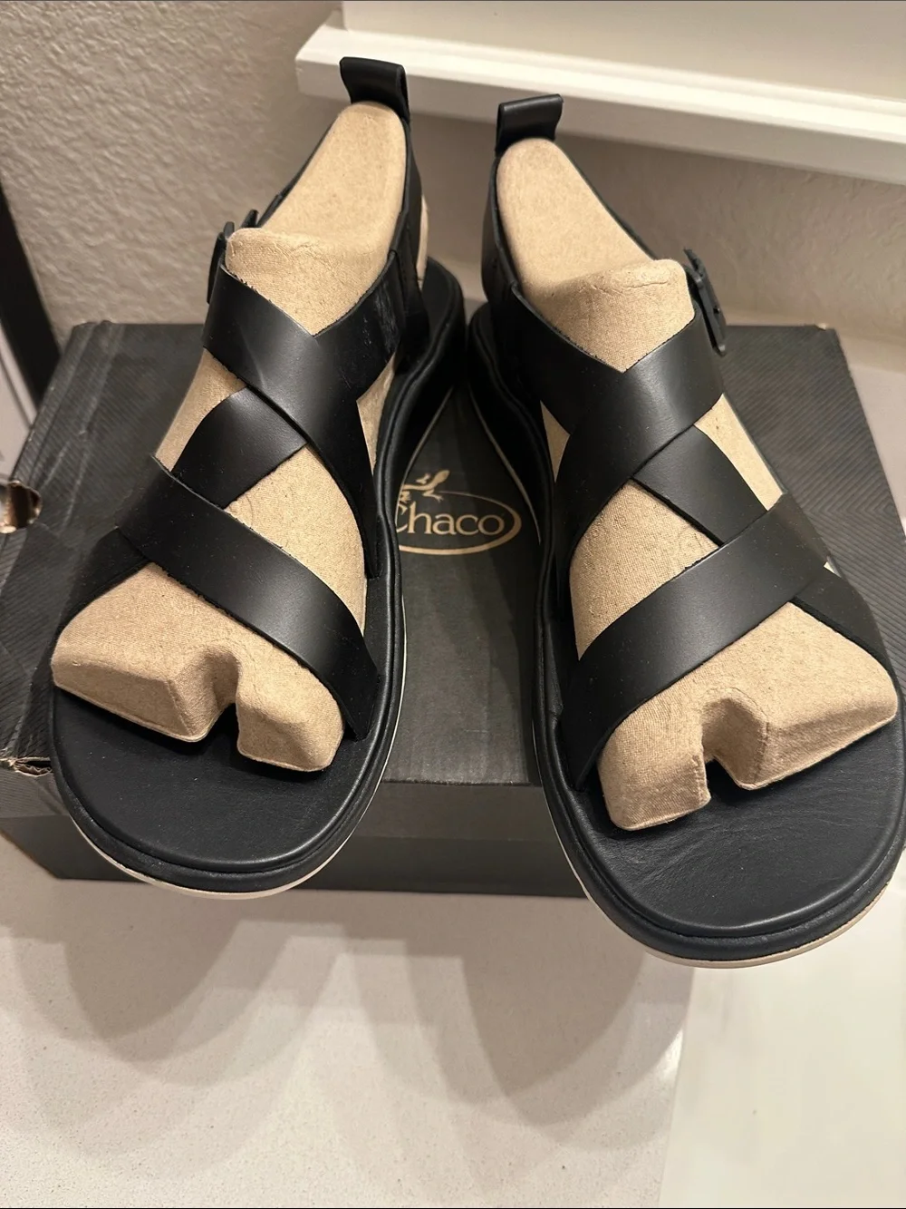 Chaco Men’s Black Strappy Sandals with Tan Footbed